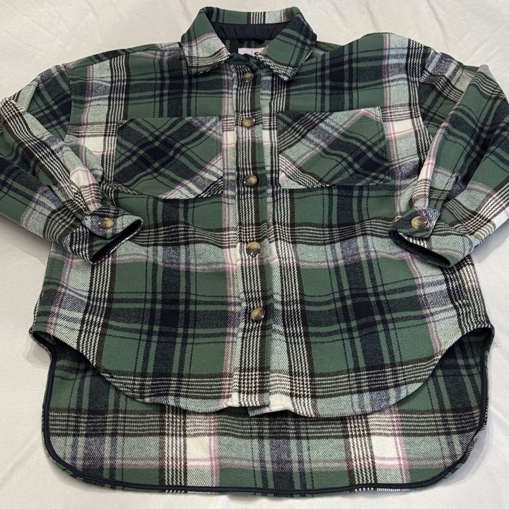 SO Women’s Green Plaid Oversized Button Up Shacket Shirt M